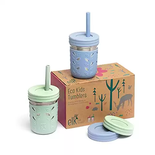 Elk and Friends Stainless Steel Cups | 10 oz Mason Jar design | Kids & Toddler Cups with Silicone Sleeves & Straws with Stopper | Smoothie Cups