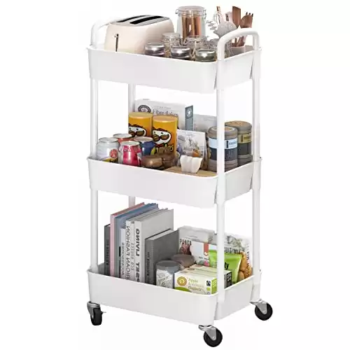 3 Tier Rolling Utility Cart with Handle-Multi-Functional Storage Trolley for Office, Living Room, Kitchen, Movable Storage Organizer with Wheels-White