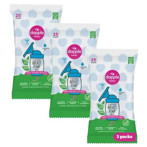 Breast Pump Wipes by Dapple Baby-Hypoallergenic & Powered by Plants, Removes Milk Residue-Leaves No Taste-Convenient Wipes Pouch, Fragrance Free-25 Count (Pack of 3)