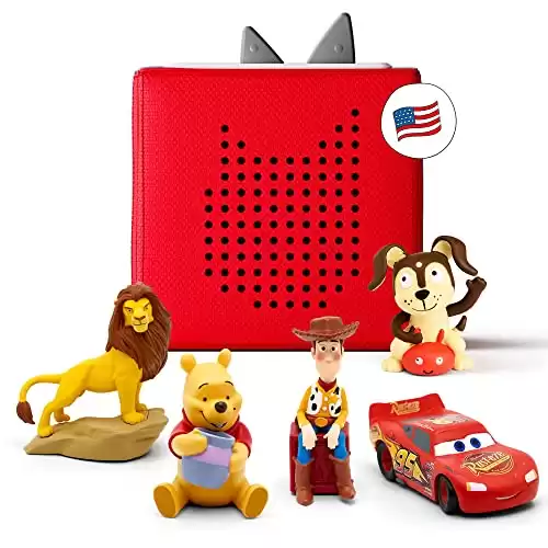 Toniebox Audio Player Disney Starter Set Bundle with Woody, Lightning McQueen, Simba, Winnie-The-Pooh, and Playtime Puppy - Listen, Learn, and Play with One Huggable Little Box - Red