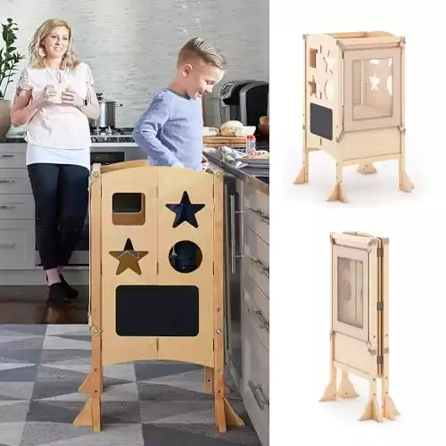 Guidecraft Classic Kitchen Helper® Toddler Tower and 2 Keepers - Natural: Folding Wooden Adjustable Height Platform, Kitchen Montessori Learning Step Stool, Chalkboard, Supports Up to 125lbs