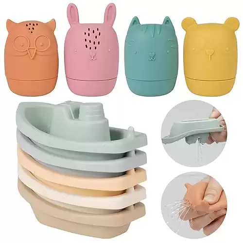 Bath Toys Floating Boats with Silicone Bath Toys,9pcs Mold Free Baby Bath Toys for Infants 6-12-18 Months,Water Table Toys for Toddlers 1-3,Shower Toys Pool Toys for 1 2 3 4 Boys Girls Kids