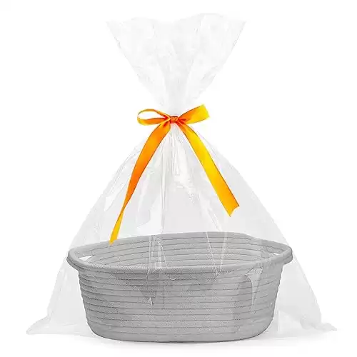 Pro Goleem Small Woven Basket with Gift Bags and Ribbons Durable Baskets for Gifts Empty Small Rope Basket for Storage 12"X 8" X 5" Baby Toy Basket with Handles, Gray