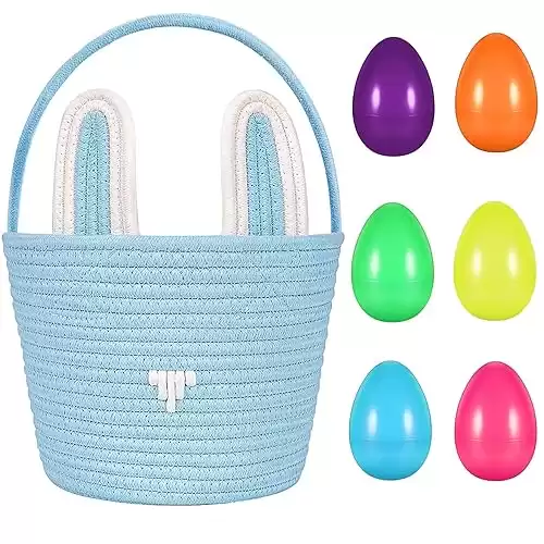 Easter Baskets for Kids with 6 fillable Easter Eggs, Blue Woven Bunny Easter Basket Empty with Handle for Easter Egg Hunt, Easter Gifts for Boys, Girls, Toddlers, Babies