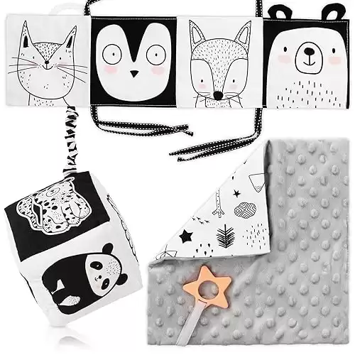 The Ultimate Tummy Time Toys Set of 3 - Soft High Contrast Book, Toy Block, Crinkle Paper and Teether - Stimulating Black & White Sensory Development Toys for Newborns & Infants 0-3, 0-6 Month...